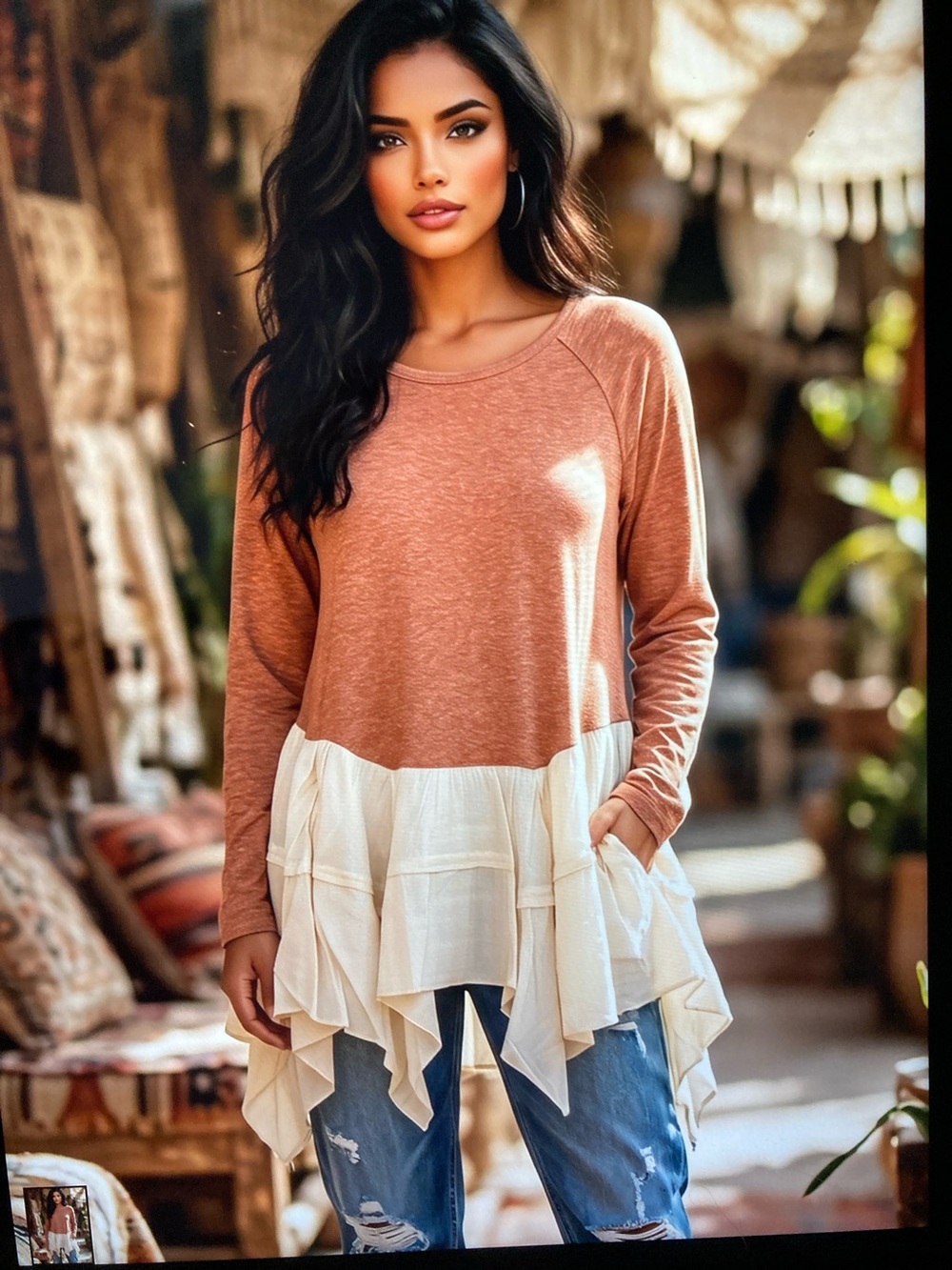 Women's Rust Ruffle-Hem Tunic Top with Cream Trim